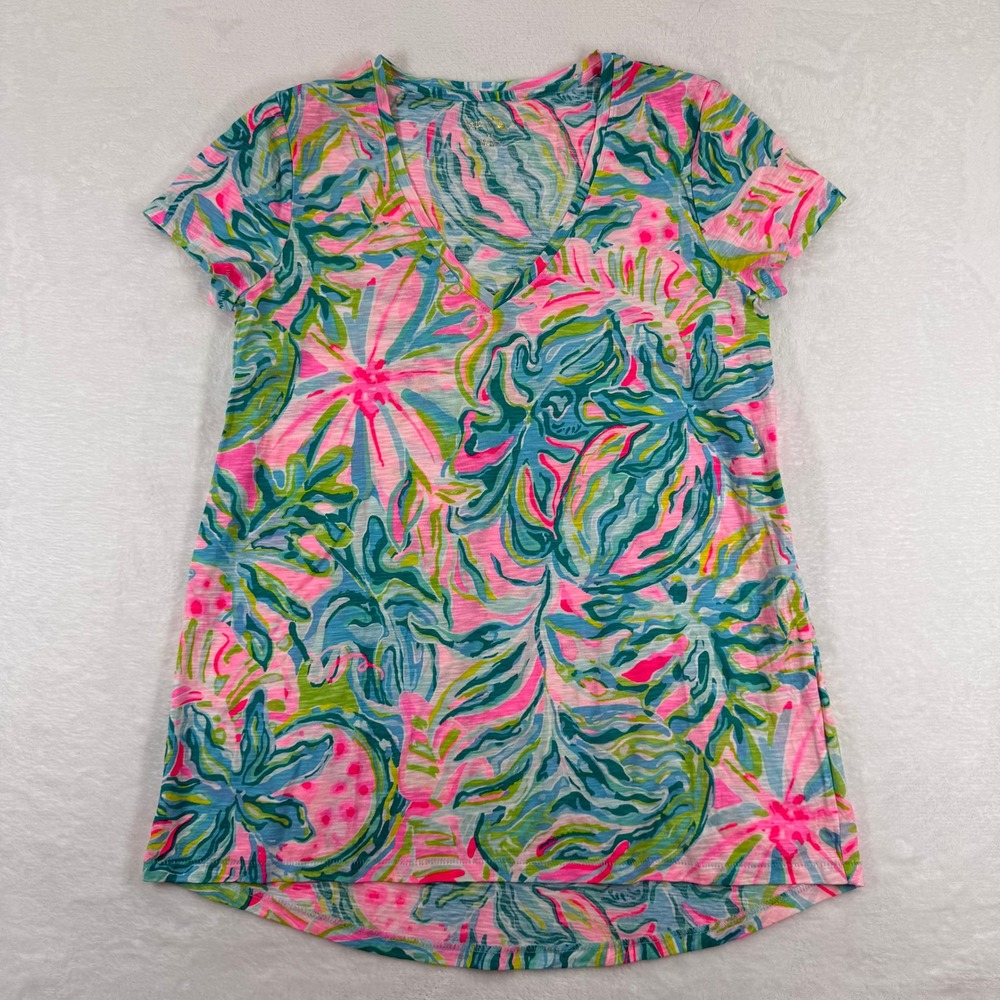 Lilly Pulitzer Etta V-Neck Tee XS Pink Blue Tropical Floral Slub‎ Cotton Shirt